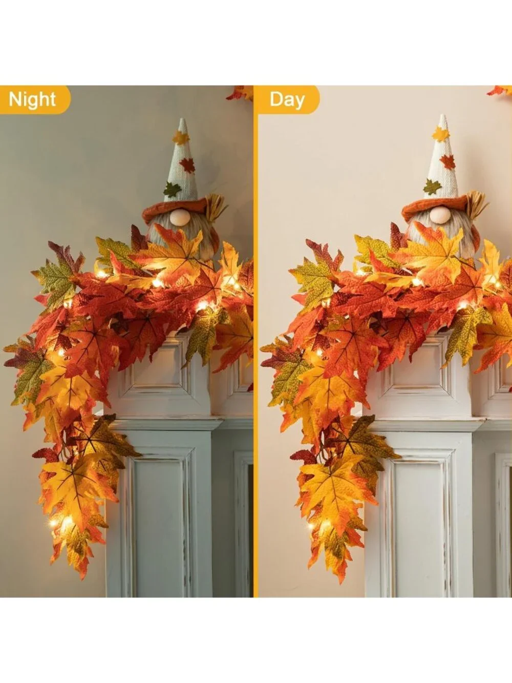 2Pcs Fall Maple Leaves Garland with Timer & Lights - Autumn Thanksgiving Decor